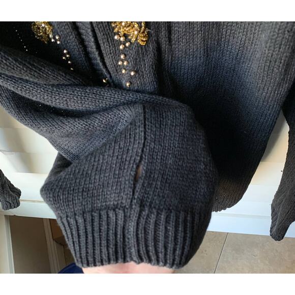 Vintage Gold Beaded and Sequin Black Cardigan Knit Sweater Women's Medium - Picture 10 of 11
